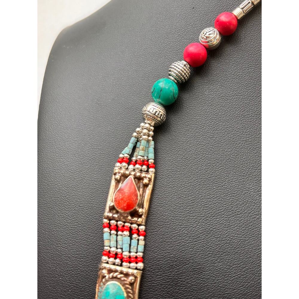 925 Sterling Tibetan Turquoise & Red Coral Necklace 19" - Picture 8 of 11